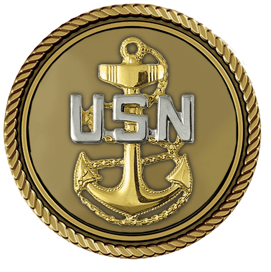 US Navy emblem with gold anchor and lettering.