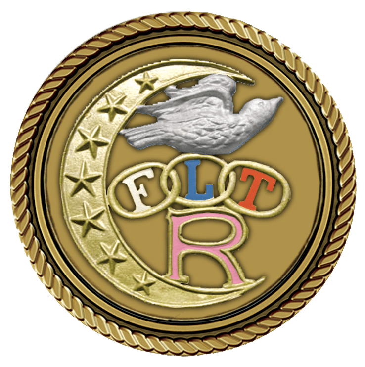 Symbolic medallion featuring a moon and bird.