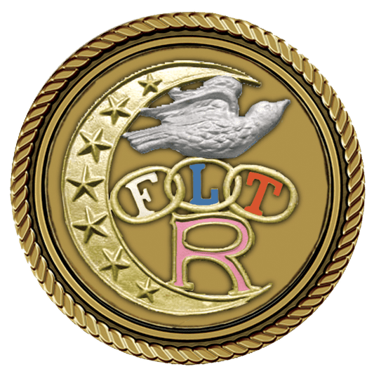 Symbolic medallion featuring a moon and bird.