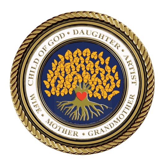 Golden tree emblem with heart and inscriptions.