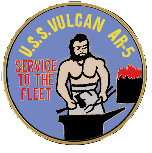 USS Vulcan AR-5 emblem with blacksmith graphic.
