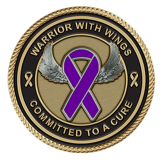 A purple ribbon with wings on it.