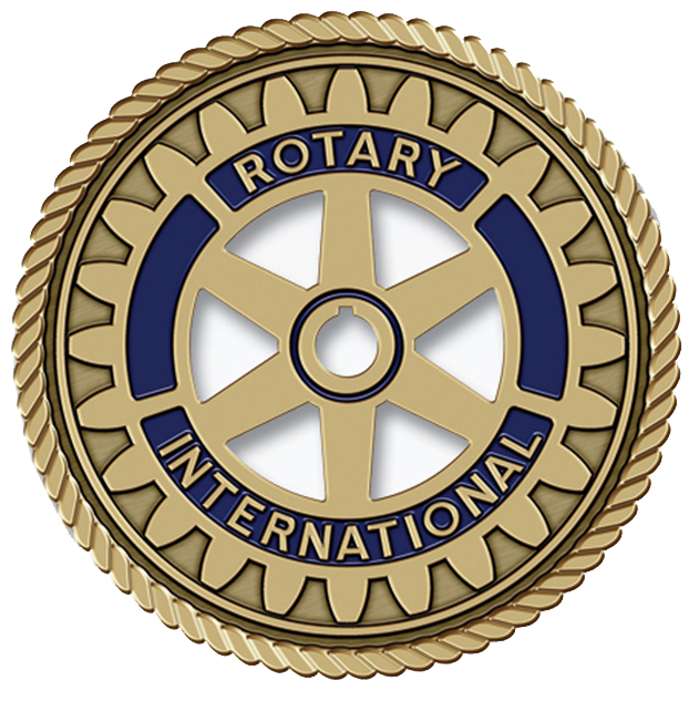 A gold and blue rotary logo on top of a green background.