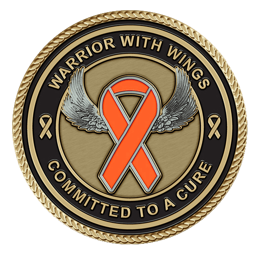 A round orange ribbon with wings on it.