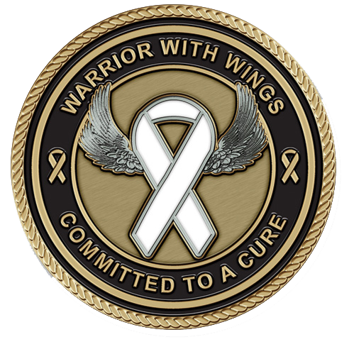 A white ribbon with wings on it.