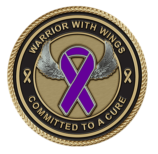 A purple ribbon with wings on it.