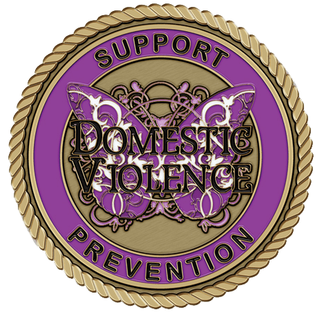 A purple and gold badge with the words " support, prevention, domestic violence ".