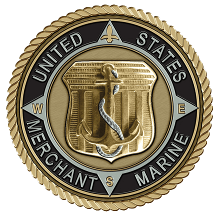 A gold and black seal with the words united states merchant marine on it.