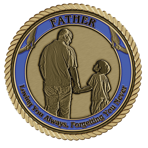 A gold and blue coin with the words father