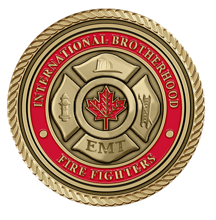 A gold and red emblem with the words international brotherhood of firefighters.