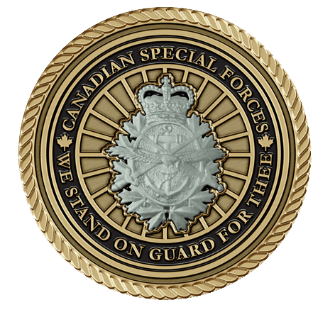 A gold and black emblem with the canadian special forces we stand on guard together.