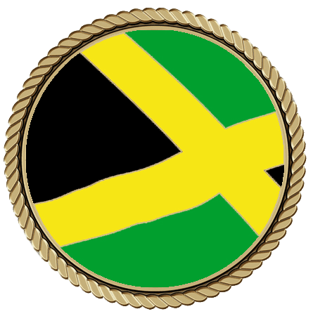 A gold colored frame with the jamaican flag on it.