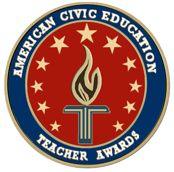 A badge that says american civic education teacher awards.