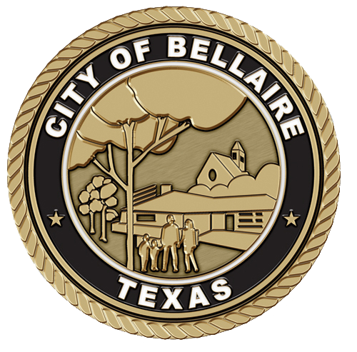 A gold and black seal with the city of bellaire in the center.