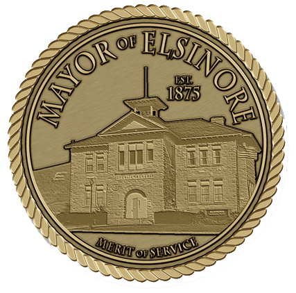 A gold seal with the name of mayor and city hall.