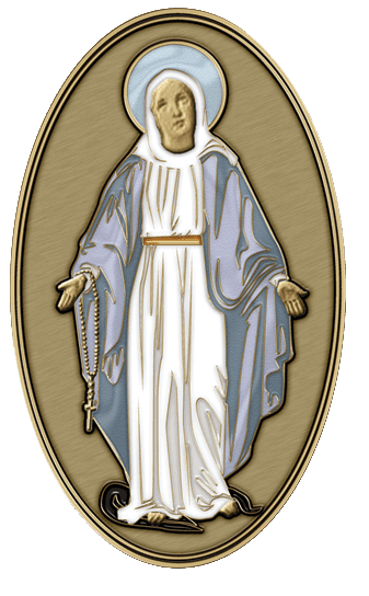 A picture of the virgin mary in her white dress.