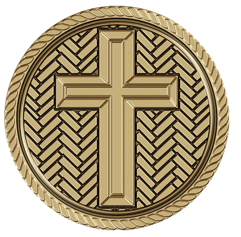 A gold cross in the middle of a circle.