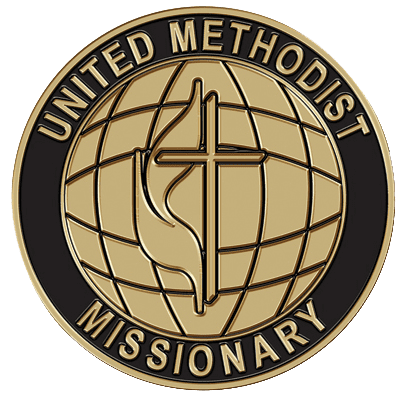 A gold and black united methodist missionary pin.