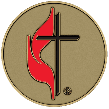 A cross and flame on the front of a coin.