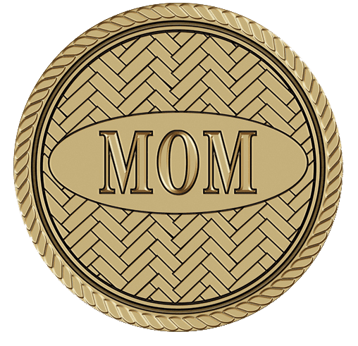 A gold medal with the word mom on it.