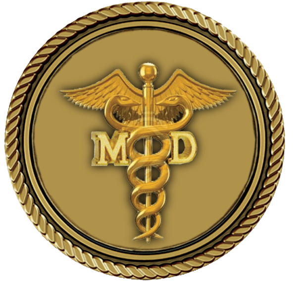 A gold medal with the image of a medical symbol on it.