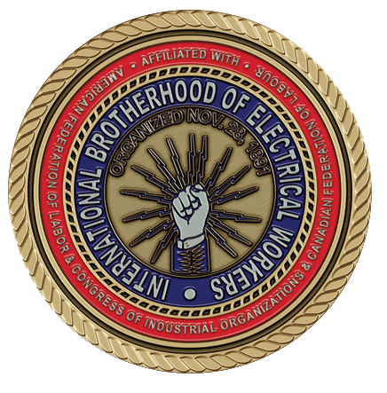 A gold and red colored medallion with the words " national brotherhood of electrical workers ".