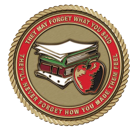 A badge with books and an apple on it.