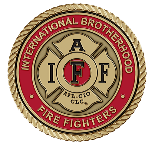 A gold and red fire fighter badge with the words international brotherhood of firefighters.