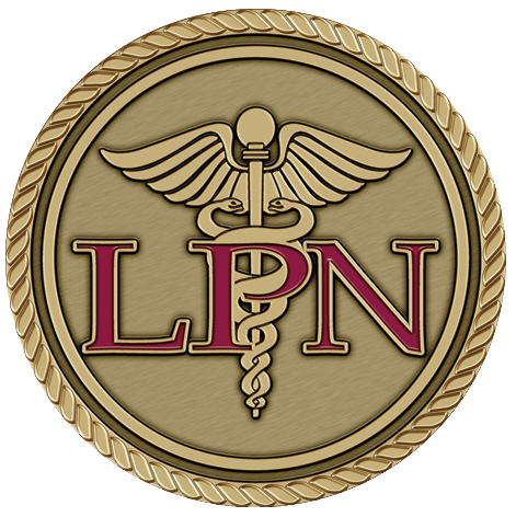 A gold colored medallion with the letters lpn and a medical symbol.