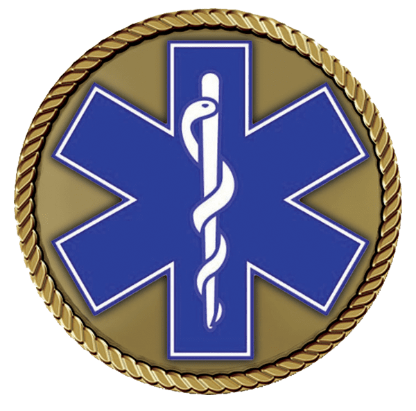 A gold and blue star of life emblem.