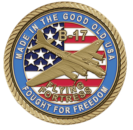 A gold colored coin with the words " b-1 7 flying fortress fought for freedom ".