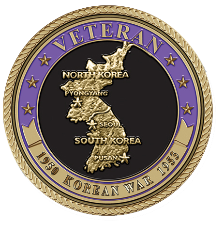 A gold medal with the map of north korea and the words " veteran 1 9 8 4 korean war 3 5 1."