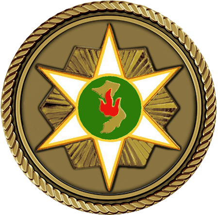 A gold and green medal with a red flame in the center.