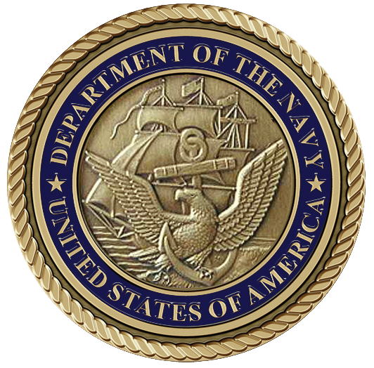 A gold and blue seal with the words department of the navy.