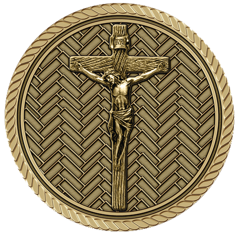 A gold medal with a cross on it