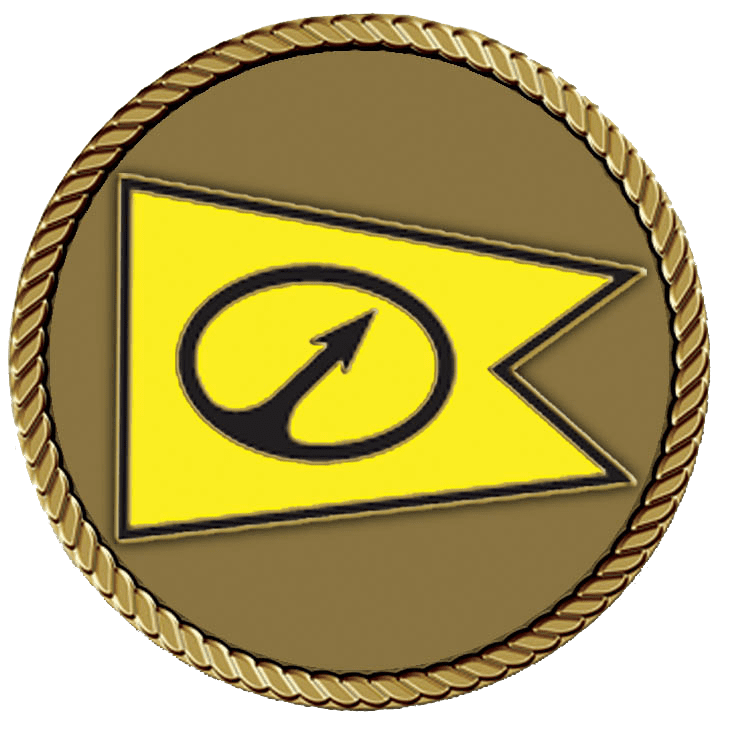 A gold medal with a yellow flag and an arrow.