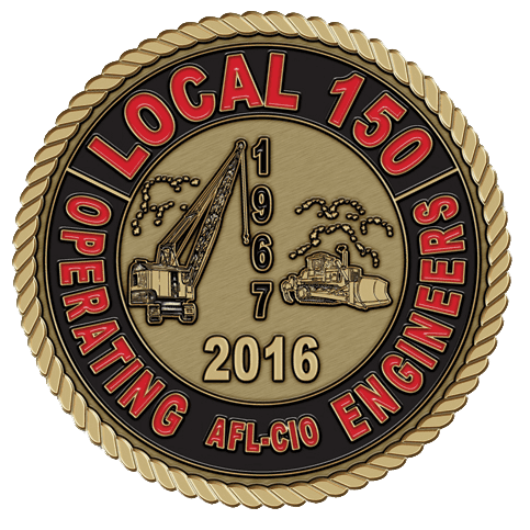 A gold colored metal badge with the words " local 1 5 0 operating engineers ".