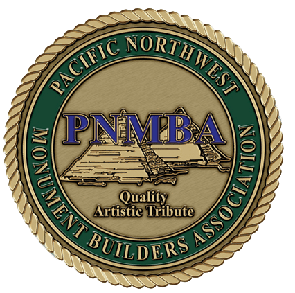 A gold and blue logo for the pacific northwest monument builders association.