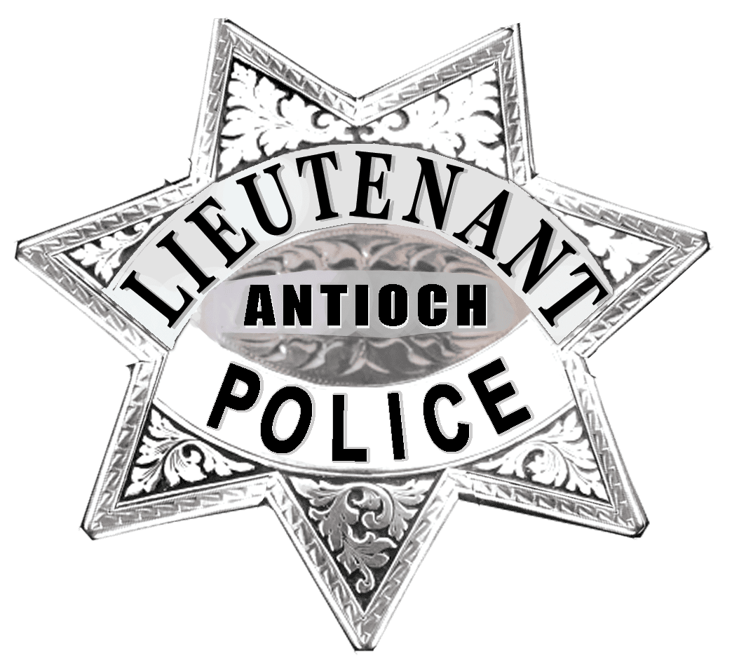 A silver star with the words " lieutenant police antioch " on it.