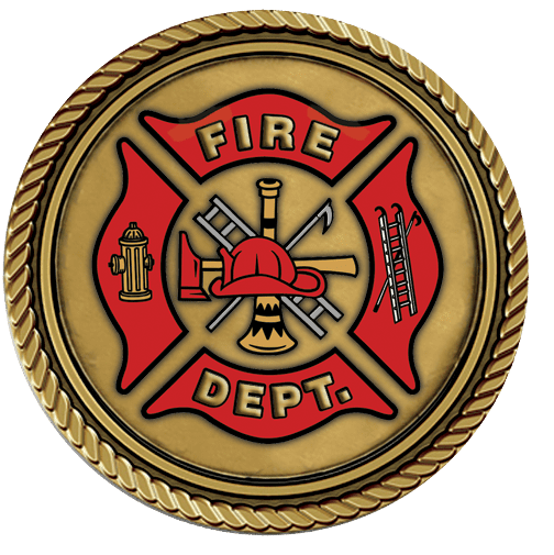 A fire department logo is shown on the front of a coin.