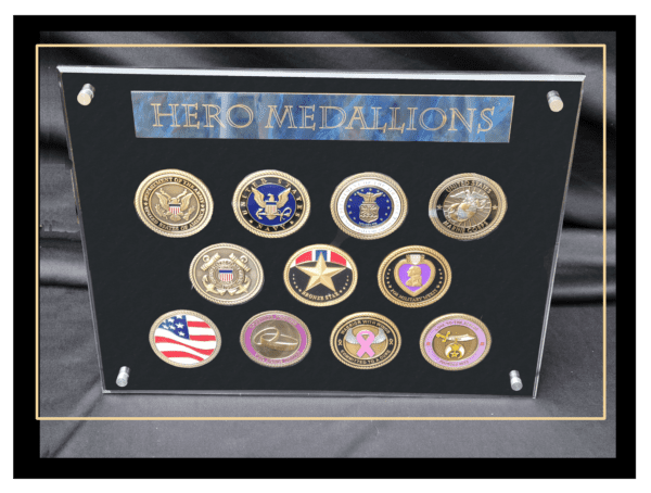 A display case with medals on it.