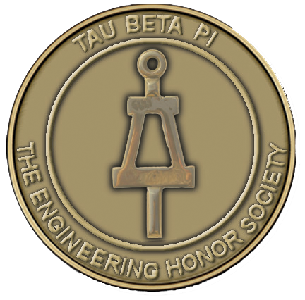 A gold medal with the tau beta pi logo on it.