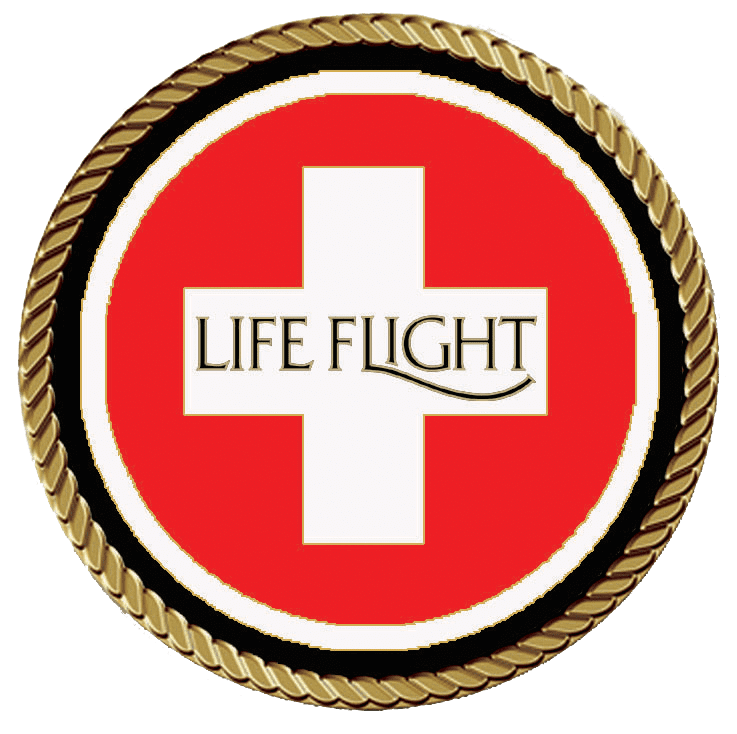 A red cross with the words " life flight " in it.