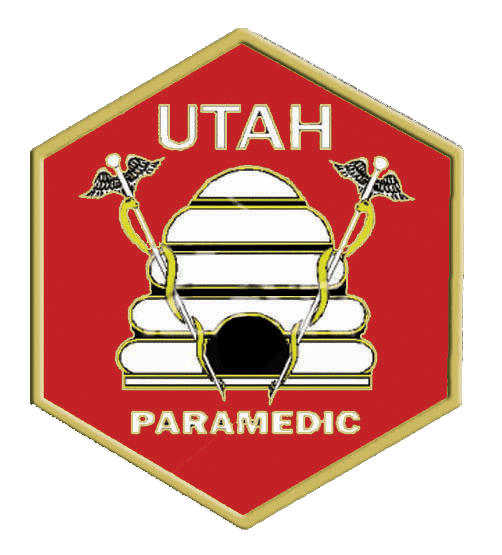 A red and gold badge with the words utah paramedic written underneath it.