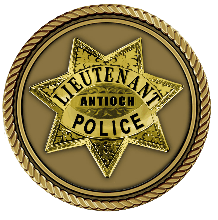 A gold and black badge with the words " lieutenant antioch police ".