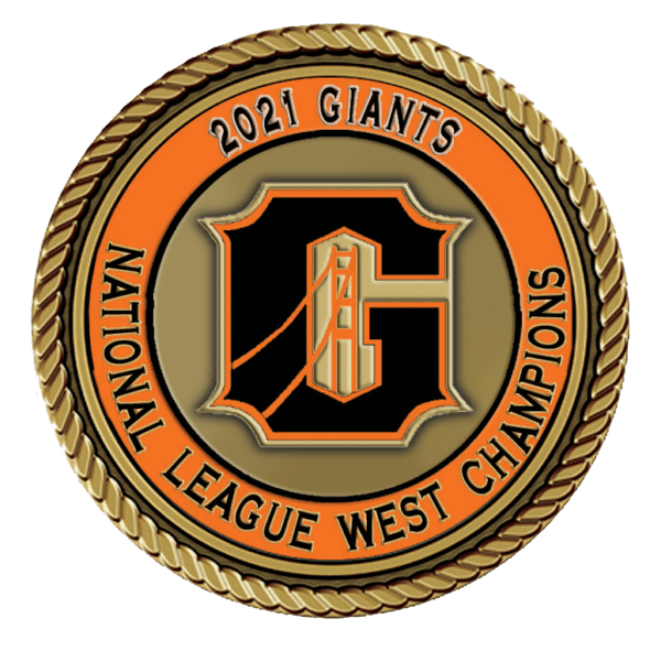 A gold and black coin with the words " giants national league west champions ".