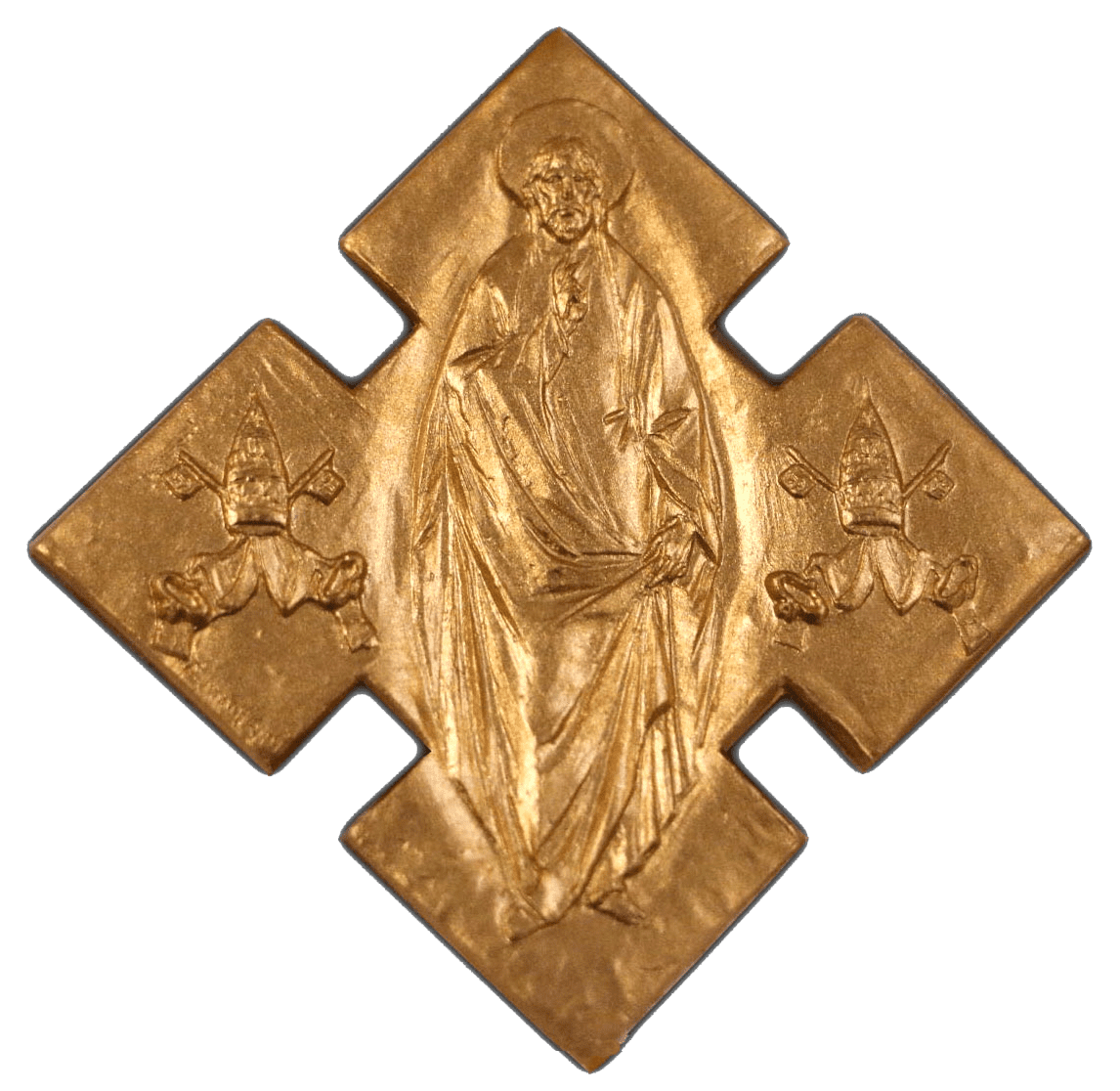 A gold cross with jesus and angels on it.