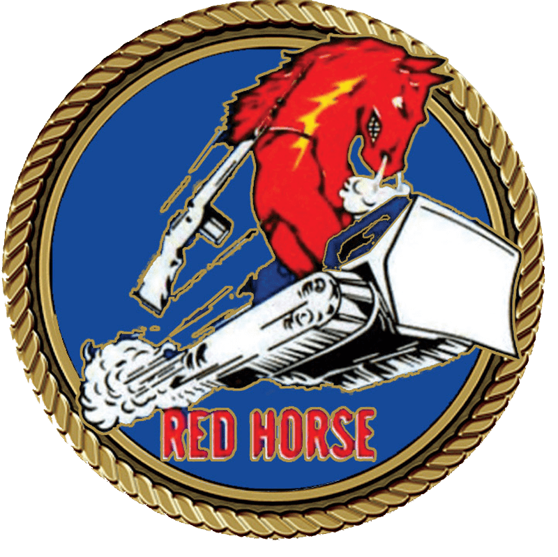 A red horse logo with a train on it.