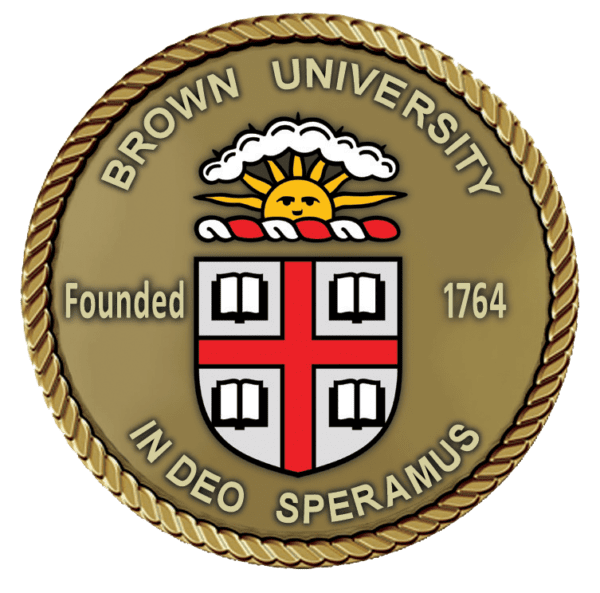 A brown university seal sitting on top of a green background.