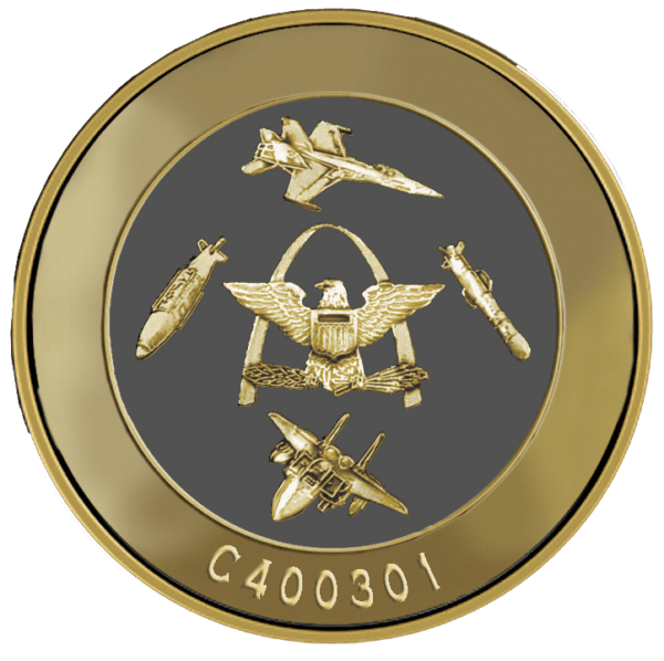 A gold coin with military related images on it.